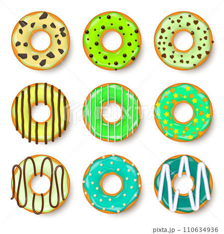 Donut, begel with cream. Cookies,cookie cake set. Sweet dessert with sugar and caramel. Tasty breakfast cooking. Cafateria food, snack. Coffee shop.Vector illustration. 110634936