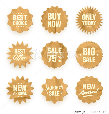 Crumpled paper price tags. Special offer or shopping discount label. Retail paper sticker with cardboard texture. Promotional sale badge. Vector illustration Crumpled paper price tags. Special offer or shopping discount label. Retail paper sticker with cardboard texture. Promotional sale badge. Vector illustration 110634946