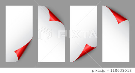 Set of red paper curls. Curled page corner with shadow. Blank sheet of paper. Colorful shiny foil. Design element for advertising and promotion. Vector illustration. 110635018