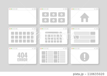 Web browser window, pages layout with toolbar and search field. Modern website, internet page in flat style. Browser mockup for computer, tablet and smartphone. Adaptive UI. Vector illustration 110635020