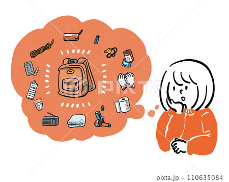 防災グッズについて考える女性 手描き風イラスト 防災グッズについて考える女性 手描き風イラスト 110635084