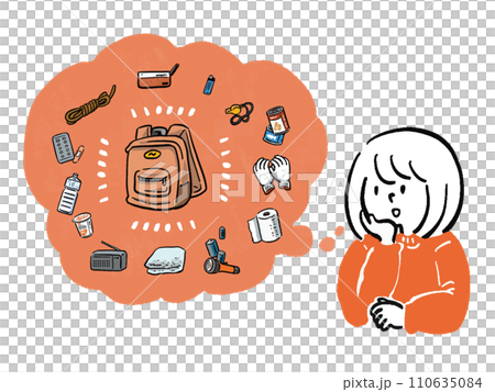 防災グッズについて考える女性 手描き風イラスト 防災グッズについて考える女性 手描き風イラスト 110635084