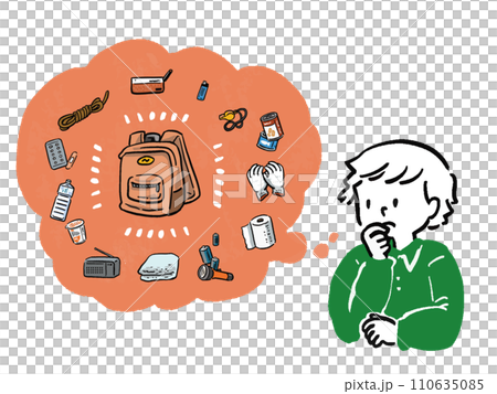 防災グッズについて考える男性 手描き風イラスト 防災グッズについて考える男性 手描き風イラスト 110635085