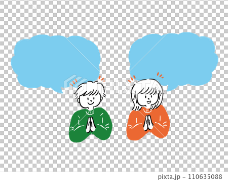 笑顔で手を合わせる男性と女性の手描きシンプルフレームイラストセット 110635088