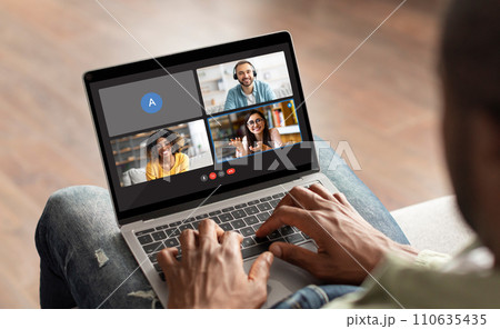 African american guy attending online club of like-minded people African american guy attending online club of like-minded people 110635435