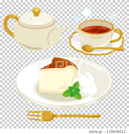皿に盛られたチーズケーキとホットティーのセット 110636012