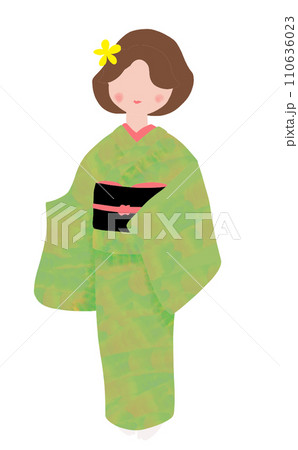 緑の着物女性　全身　表情無し　ボブヘア 110636023