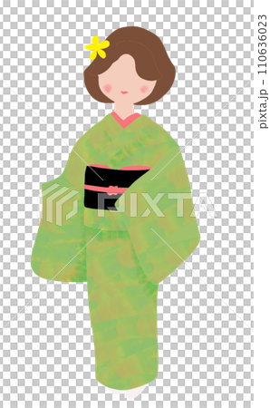 緑の着物女性　全身　表情無し　ボブヘア 110636023