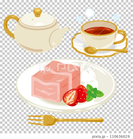 A set of strawberry cake and hot tea on a plate A set of strawberry cake and hot tea on a plate 110636029