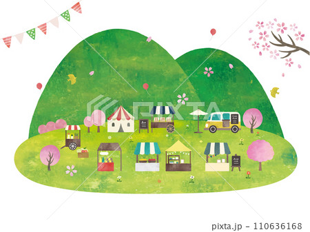 マルシェと桜と草原と山水彩画 110636168