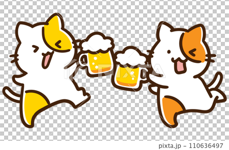 Deformed illustration of cute cats toasting with mugs of draft beer Deformed illustration of cute cats toasting with mugs of draft beer 110636497