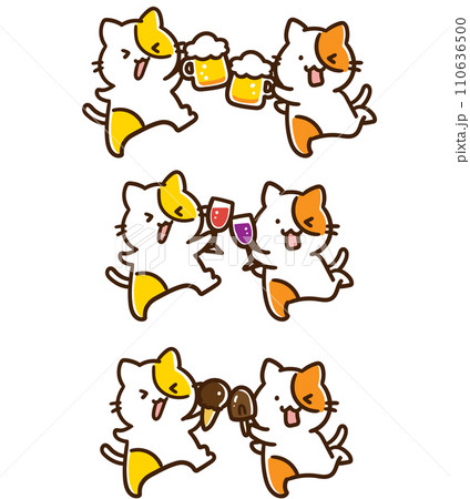 色々なもので乾杯するかわいいねこ達のデフォルメイラストセット 110636500