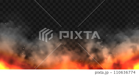 Realistic smoke clouds and fire. Flame blast, explosion. Stream of smoke from burning objects. Forest fires. Transparent fog effect. White steam, mist. Vector design element. Realistic smoke clouds and fire. Flame blast, explosion. Stream of smoke from burning objects. Forest fires. Transparent fog effect. White steam, mist. Vector design element. 110636774
