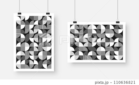Picture with geometric trendy pattern, Bauhaus style. Modern background, simple elements. Retro texture, basic geometric shapes. Print design, minimalist poster cover. Vector illustration 110636821