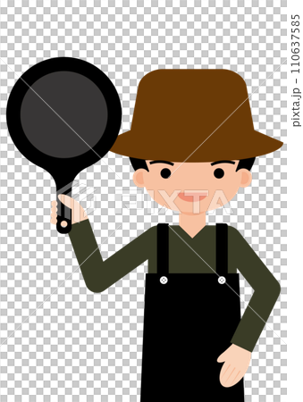 一個戴著帽子的男人試圖做飯 一個戴著帽子的男人試圖做飯 110637585