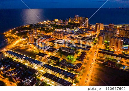 Night aerial view of Oropesa del Mar on Mediterranean coast, Spain Night aerial view of Oropesa del Mar on Mediterranean coast, Spain 110637602