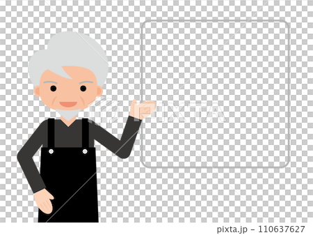 エプロンをつけたシニア男性とメッセージボード 110637627