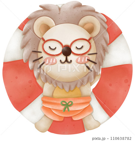 Watercolor painting of a cartoon lion sleeping on a rubber ring in summer. Watercolor painting of a cartoon lion sleeping on a rubber ring in summer. 110638782
