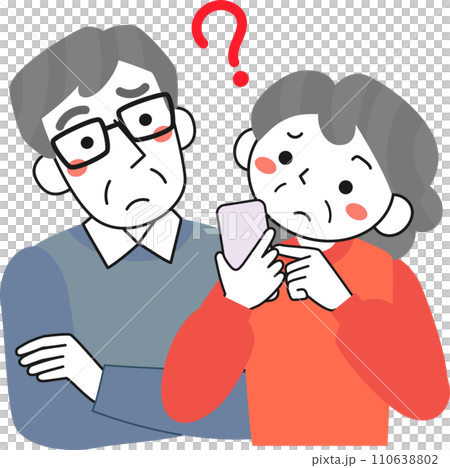 スマホの使い方が分からず困っているシニア夫婦のイラスト 110638802