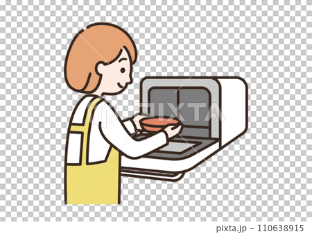 Illustration of a woman using a microwave oven 110638915