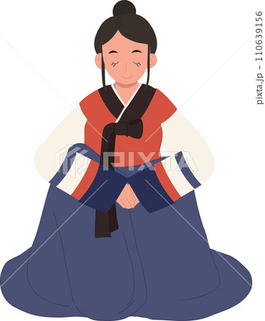 Respectful Gesture.Young Woman in Korean Hanbok, Embracing Tradition. Traditional Greeting 110639156