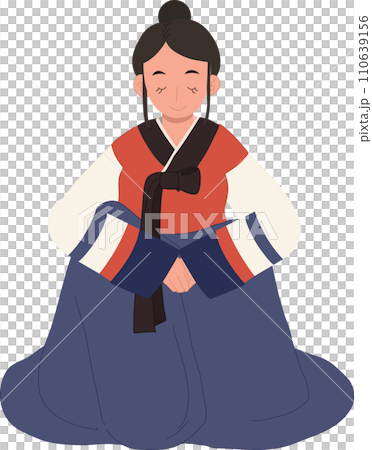 Respectful Gesture.Young Woman in Korean Hanbok, Embracing Tradition. Traditional Greeting 110639156
