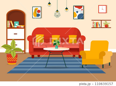 Home Decor Vector Illustration with Living Room Interior and Furniture such as Comfortable Sofa, Window, Chair, House Plants and Accessories Home Decor Vector Illustration with Living Room Interior and Furniture such as Comfortable Sofa, Window, Chair, House Plants and Accessories 110639157