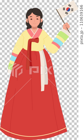 Happy Smiling Woman in Korean Traditional Dress Hanbok Holding South Korea Flag 110639166
