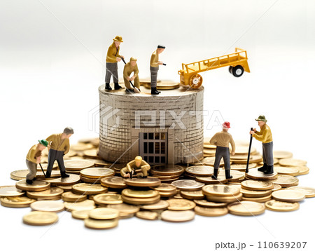ミニチュア労働者によるコインの山での作業:経済と貯蓄のアート ミニチュア労働者によるコインの山での作業:経済と貯蓄のアート 110639207