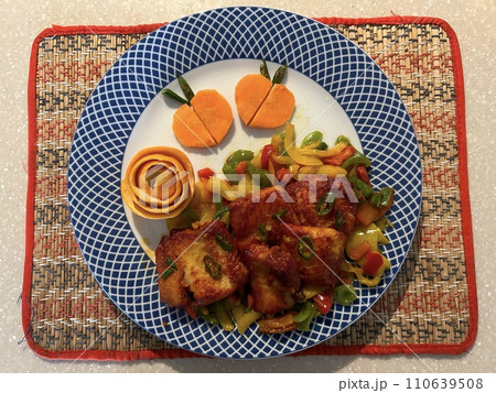 Healthy Lunch With Basa fillet fish fried with Capsicum and little oil. Eating healthy Lunch , Top View 110639508