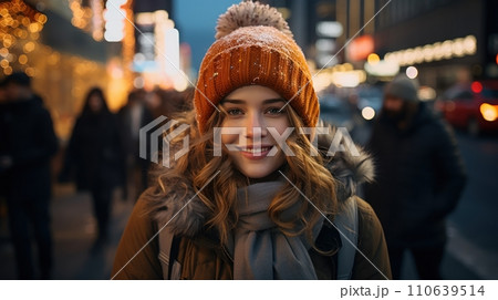 portrait Close up of a woman on winter night 110639514