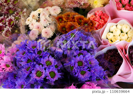 花屋さんの店頭に並ぶ色とりどりの花 110639664