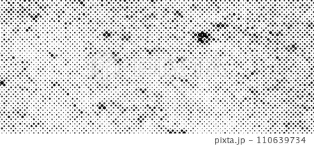Halftone noise texture. Grunge dirty speckles, spots, dots background. Black white grit sand grain wallpaper. Retro pixelated comic textured backdrop. Vector abstract gritty cartoon pop art halftone 110639734