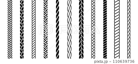 Repeating rope set. Seamless hemp cord line collection. Black chain, braid, plait stripe bundle. Vertical decorative plait pattern pack. Vector marine twine design elements for banner, poster, frame 110639736