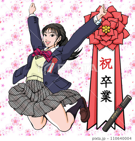 祝卒業_桜吹雪の中バンザイしながらジャンプする女子高生 110640004