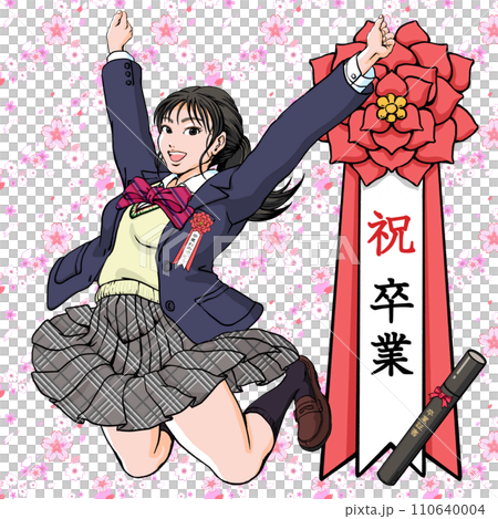 祝卒業_桜吹雪の中バンザイしながらジャンプする女子高生 110640004