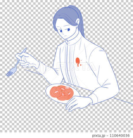 パスタのソースが服に飛んでしまった女性 パスタのソースが服に飛んでしまった女性 110640036