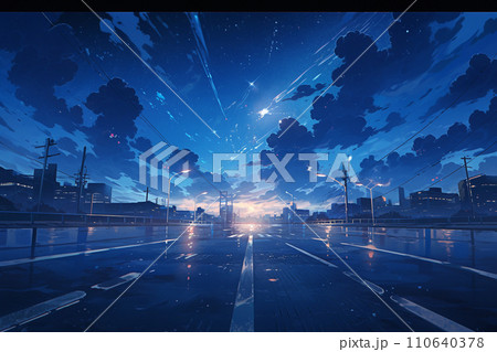 アニメ風の夜の都市の風景イラスト　AI画像 110640378