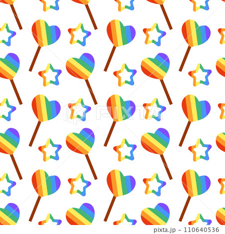 Seamless Pattern with Cute LGBT Lollipop rainbow on stick and star. Candy in form heart. LGBTQ. Symbol of the LGBT pride community. Flat vector illustration. Seamless Pattern with Cute LGBT Lollipop rainbow on stick and star. Candy in form heart. LGBTQ. Symbol of the LGBT pride community. Flat vector illustration. 110640536