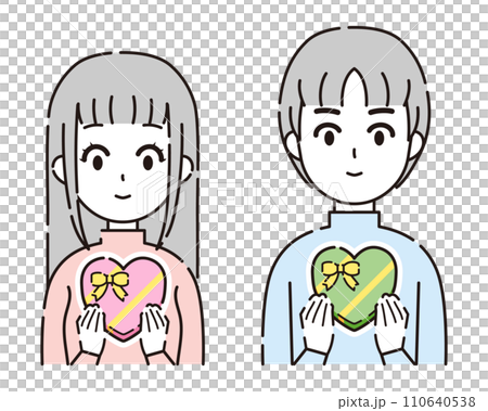 Illustration of a person holding a heart-shaped present 110640538