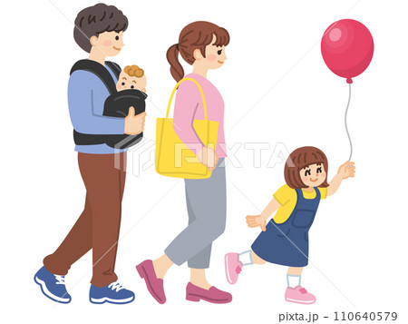 お出かけする家族のイラスト素材　子供を連れで歩く若い夫婦 110640579