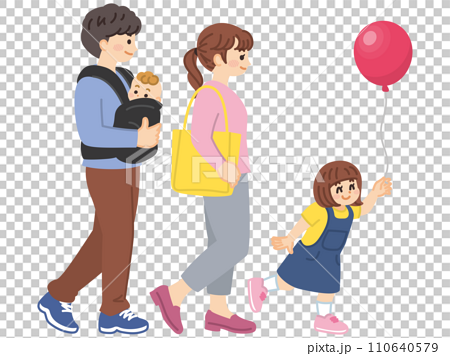 お出かけする家族のイラスト素材　子供を連れで歩く若い夫婦 110640579