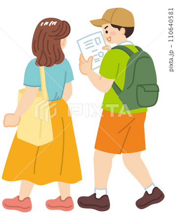 ガイドを見ながら歩く若者のイラスト素材 110640581