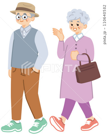 笑顔で会話しながら散歩するシニア夫婦のイラスト素材 笑顔で会話しながら散歩するシニア夫婦のイラスト素材 110640582