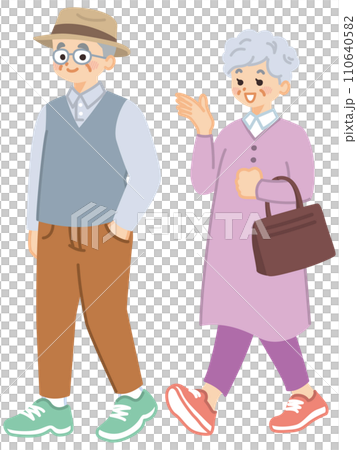 笑顔で会話しながら散歩するシニア夫婦のイラスト素材 笑顔で会話しながら散歩するシニア夫婦のイラスト素材 110640582