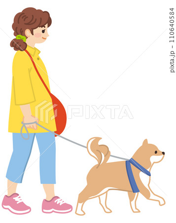 愛犬と散歩する若い女性のイラスト素材 110640584