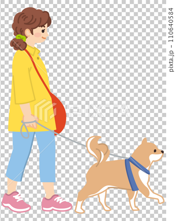 愛犬と散歩する若い女性のイラスト素材 110640584