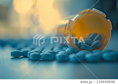 テーブルの上に置かれたたくさんの錠剤の入ったボトル　AI画像 110640696