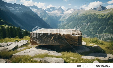 Rugged Elegance, Stone Podium Displaying Natural Products in the Mountain Setting, Generative AI 110640803