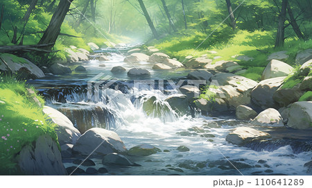 光さす渓谷を流れる小川の風景　AI画像 110641289